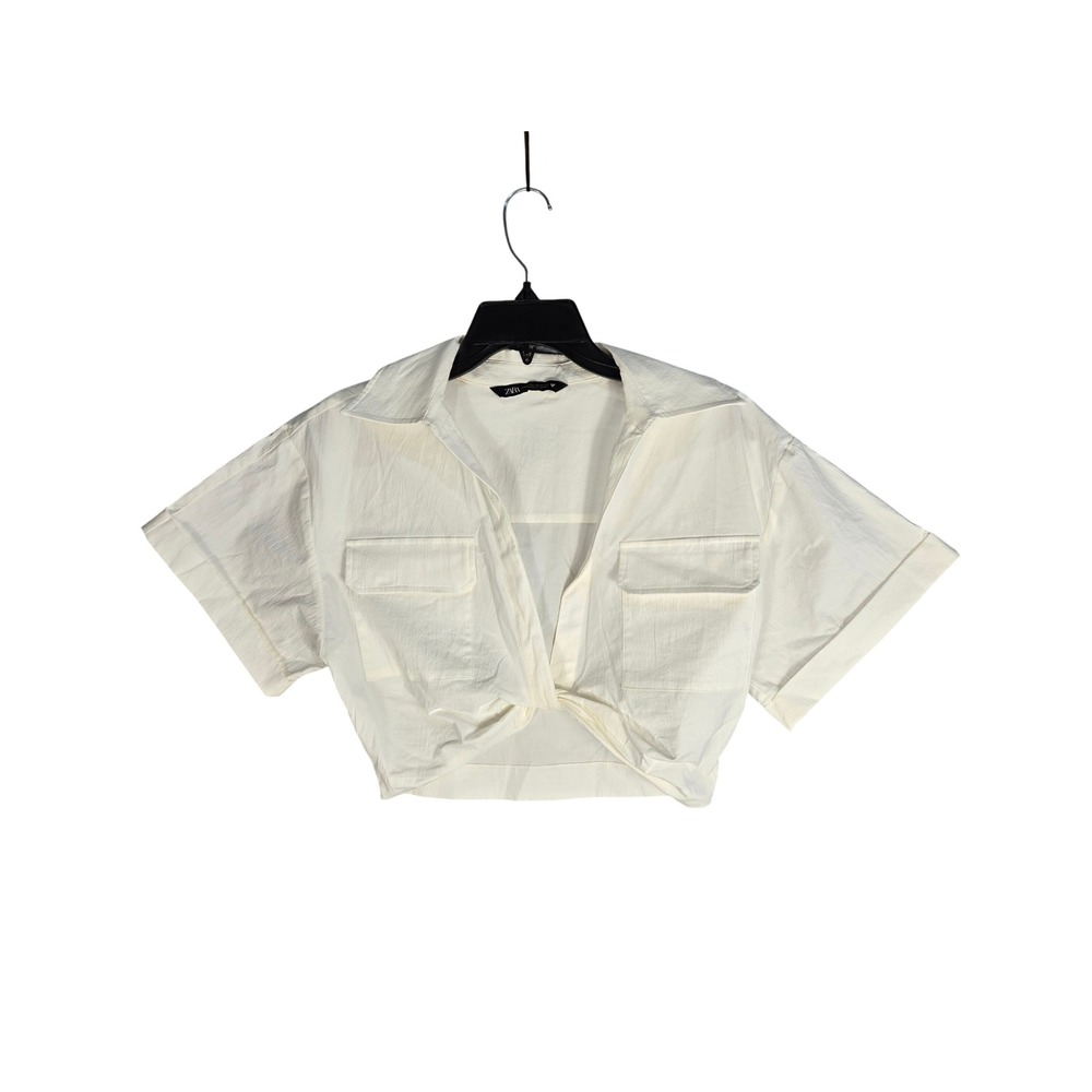 ZARA Women White Textured Twist Front Cropped Short Sleeve Utility Shirt XS